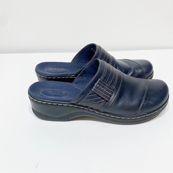 Clarks Bendables Blue Leather Mules Work Shoes 9 - Picture 2 of 8
